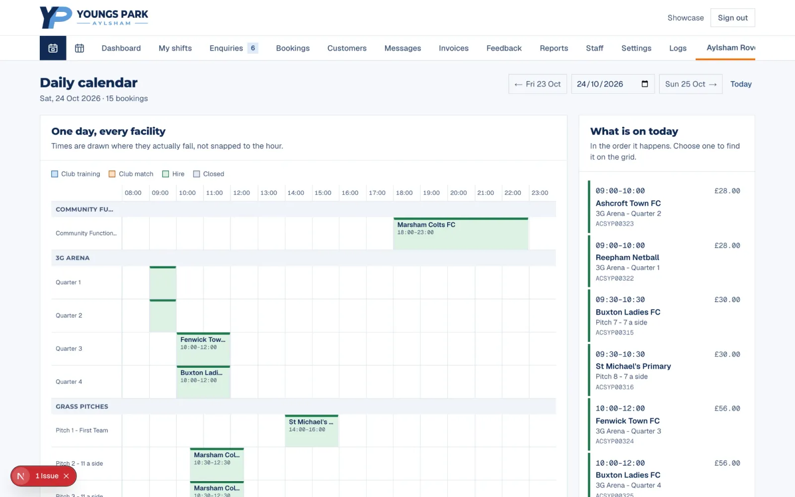 The daily calendar: every facility down the side, the hours across the top, with a coloured block for each booking.