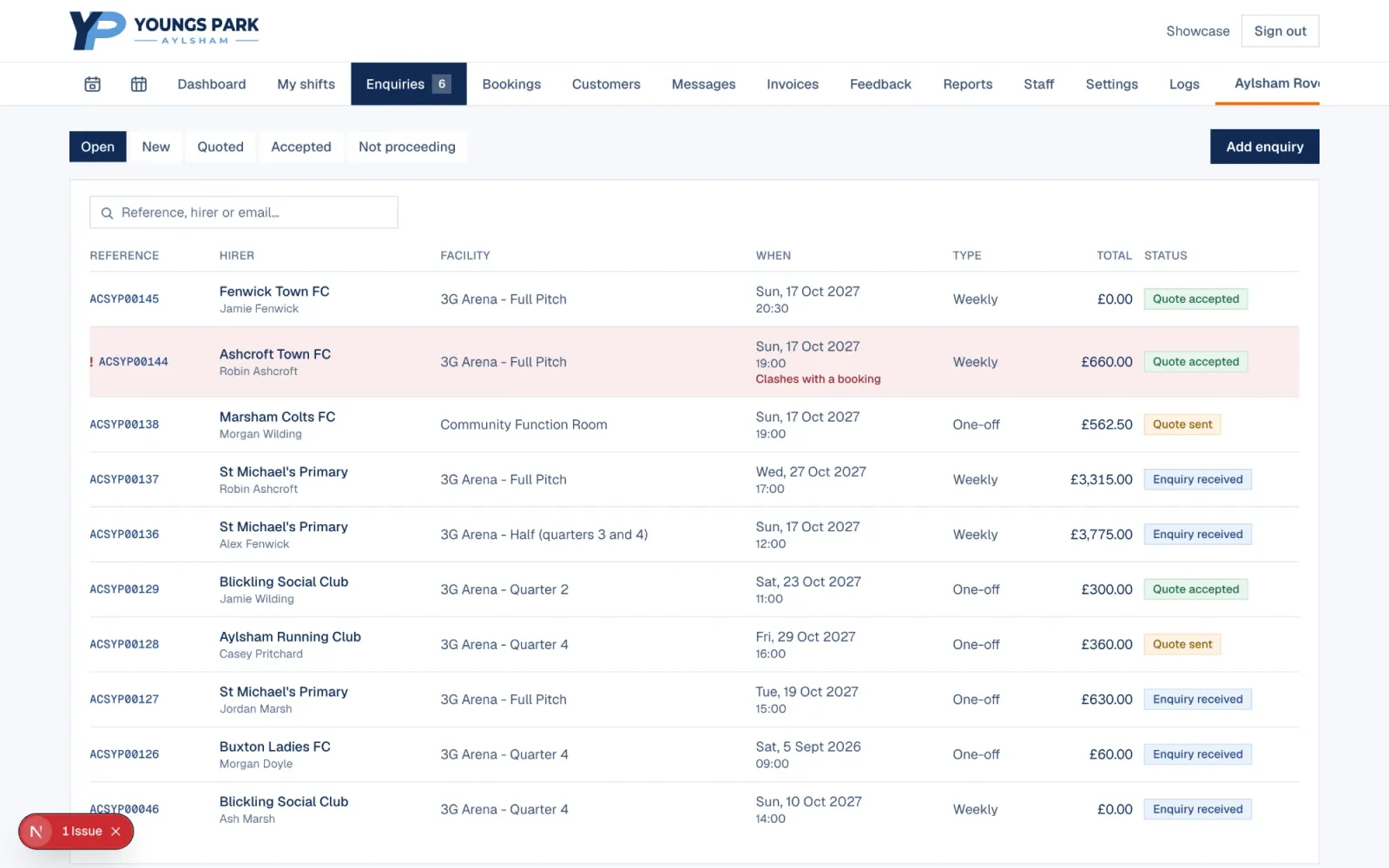 The enquiries list, each row showing the hirer, facility, date, type and status.