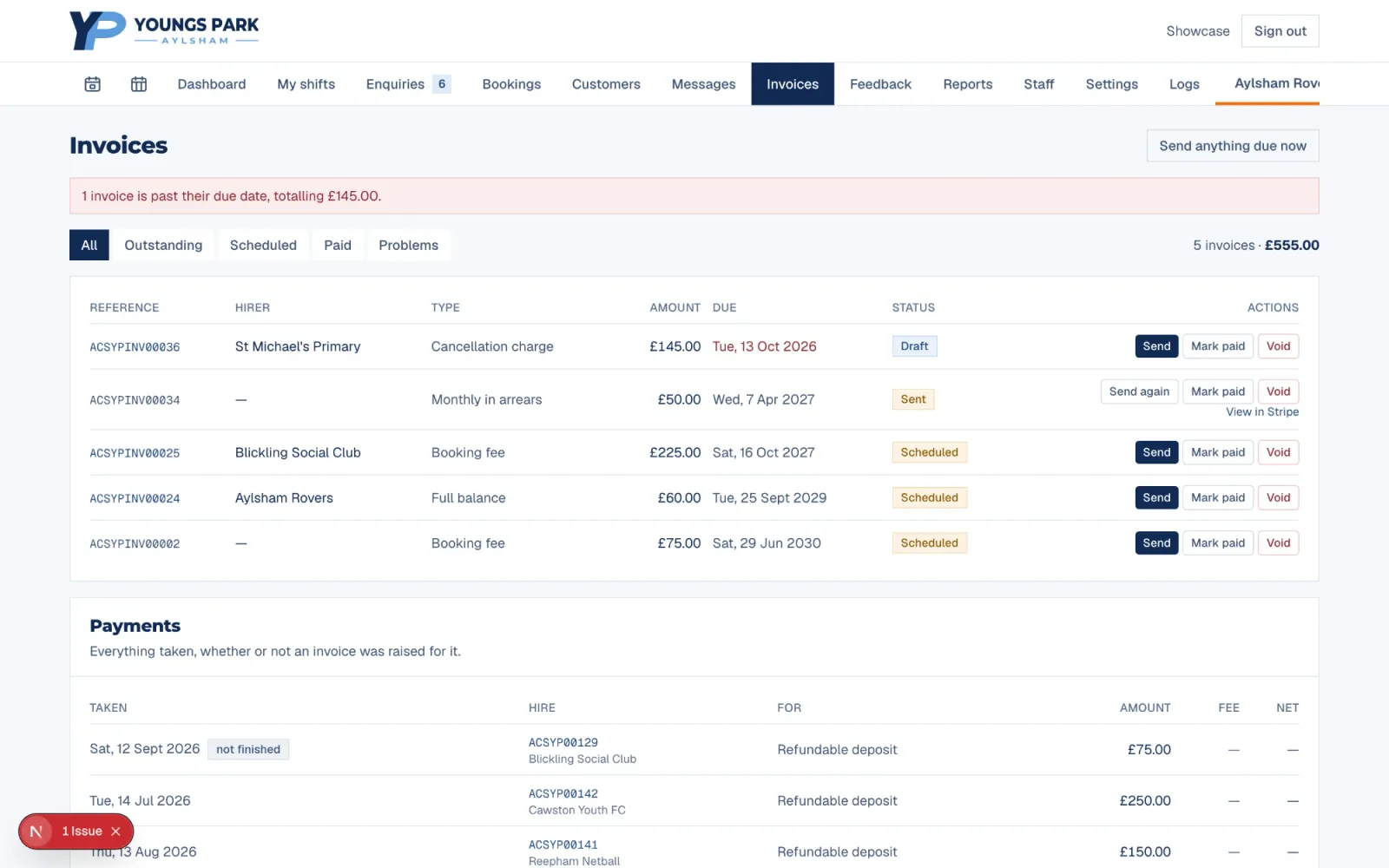 The invoices page: draft, sent and scheduled invoices with amounts and due dates, and a payments table below.