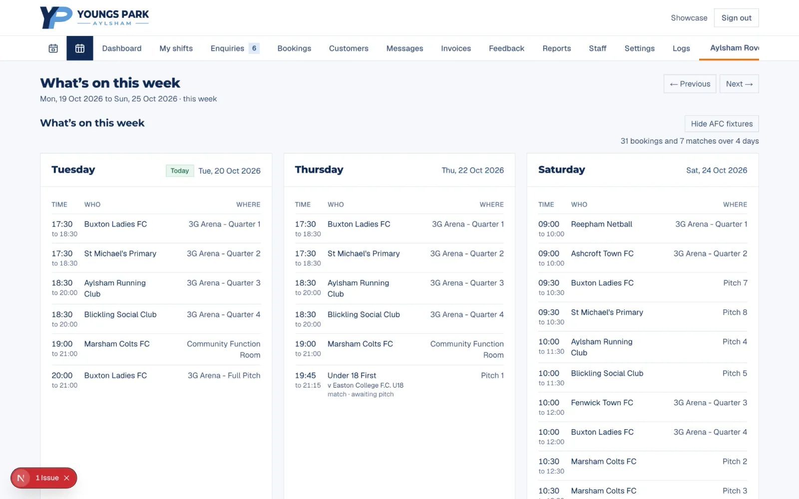 A weekly view grouping bookings by day across the Youngs Park facilities.